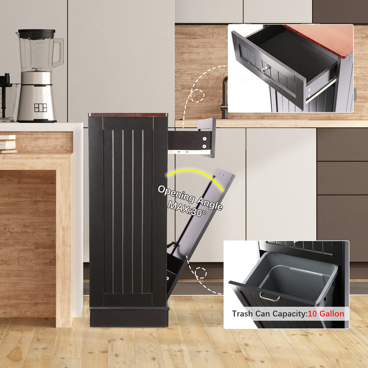 TOLEAD Tilt Out Trash Cabinet,Antique-Style Beadboard Kitchen Island with Solid Wood Tabletop & Drawer, Pet Proof Trash Can, Wood Laundry Cabinet (Single Black) TOLEAD