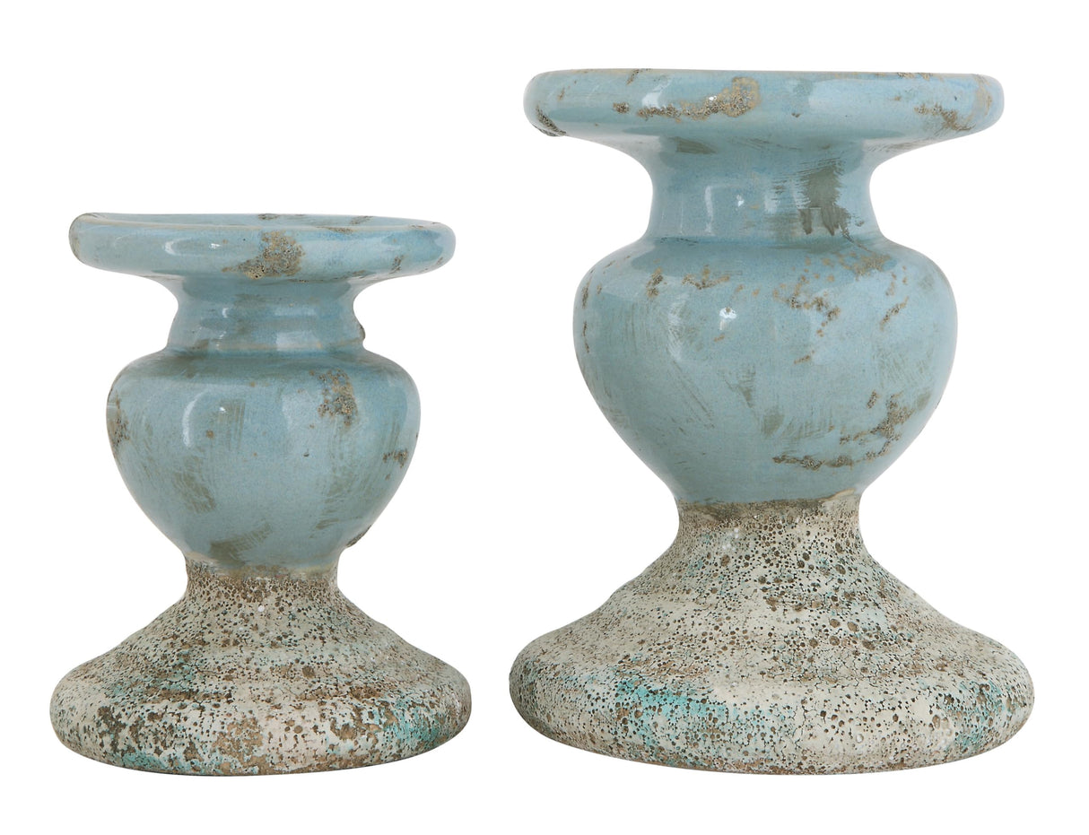 Creative Co-Op Large Distressed Blue Terracotta Pillar Candle Holder Creative Co-Op