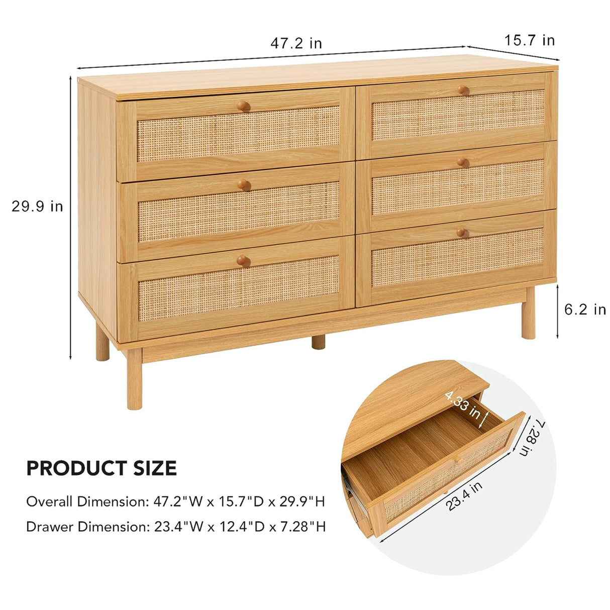 EazeHome 6 Drawer Rattan Dresser for Bedroom, 48” Wide Chest of Drawers, Natural Wooden Handmade Woven Dresser, Boho Storage Organizer for Closet, Living Room and Entryway EazeHome