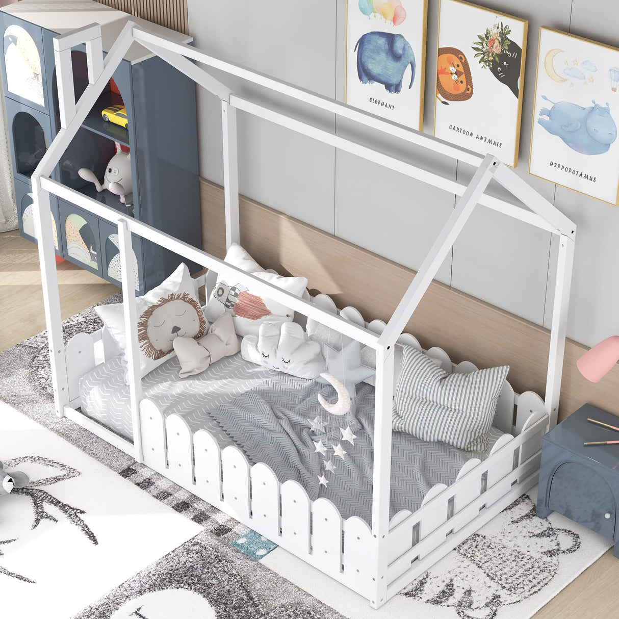 Bellemave Twin Floor Bed with Fence - Stylish Wooden House Bed Frame for Kids and Teens in White Bellemave