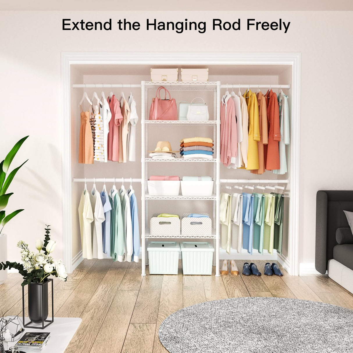 Ulif M2 Closet Organizer System, 5.9 Feet Height Mounted to the Wall Garment Rack with 4 Expandable Hanger Rods, 5 Shelves in 23.6" L x 14.5" W, Suit Total Space from 5.8-8.8 ft, White Ulif