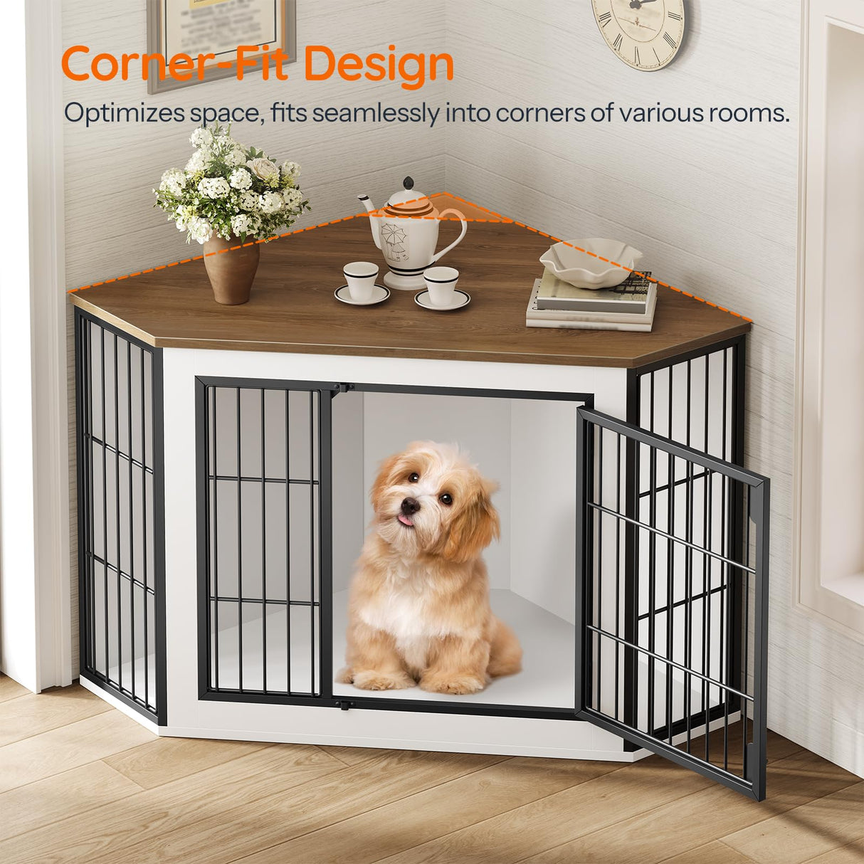 HOOBRO Corner Dog Crate Furniture, Decorative Dog Kennel End Table, Farmhouse Dog Crate TV Stand for Small and Medium Dogs, Walnut, White and Black BWH90GW03 HOOBRO