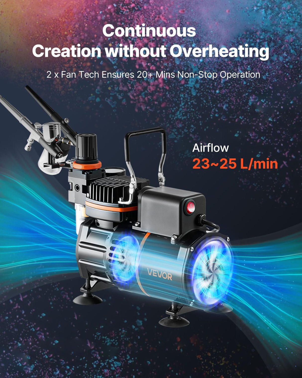 VEVOR Airbrush Kit, 1/6 HP, Air Brush Kit with Air Compressor, 3 Dual-Action Professional Airbrushes with 3 Tips, Hose, Acrylic Paint, 2 Fans, Low Noise, for Cake Decorating, Model Painting, Nail Art VEVOR