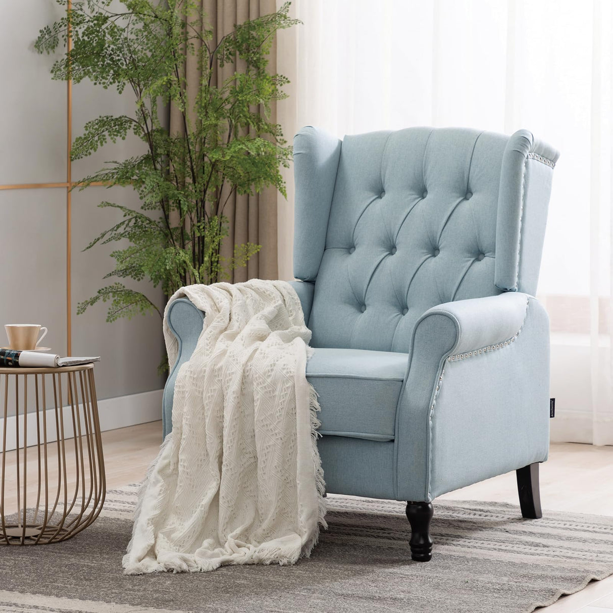 Altrobene Pushback Recliner, Modern Accent Arm Reclining Sofa, Fabric Wingback Chair for Living Room & Bedroom, Light Blue Altrobene