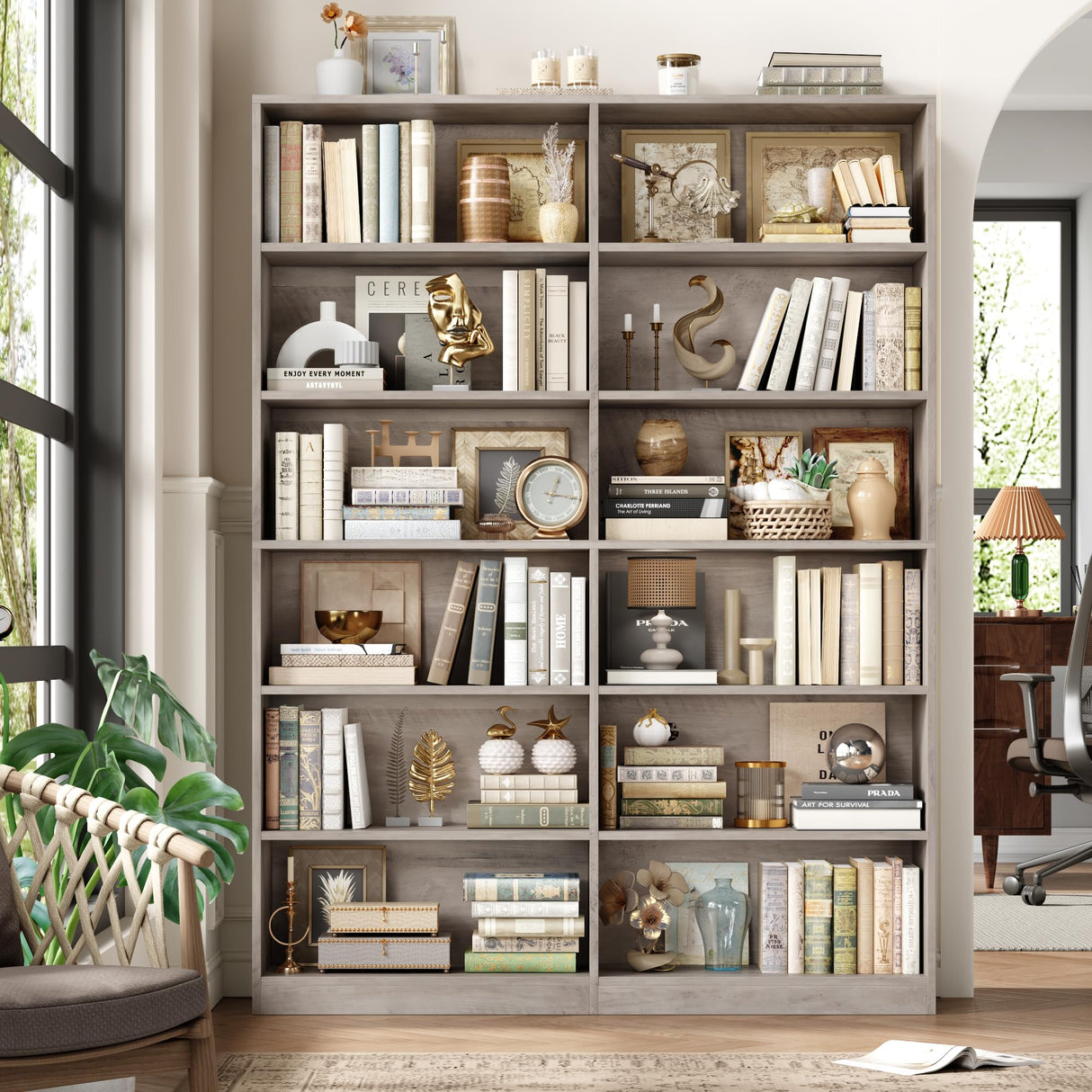 FACBOTALL Bookshelf and Bookcase, 6-Tier Double Wide Bookshelves, Freestanding Display Storage Shelves, Tall Bookcases for Home Decor Bedroom, Living Room, Home Office, Wash Gray FACBOTALL