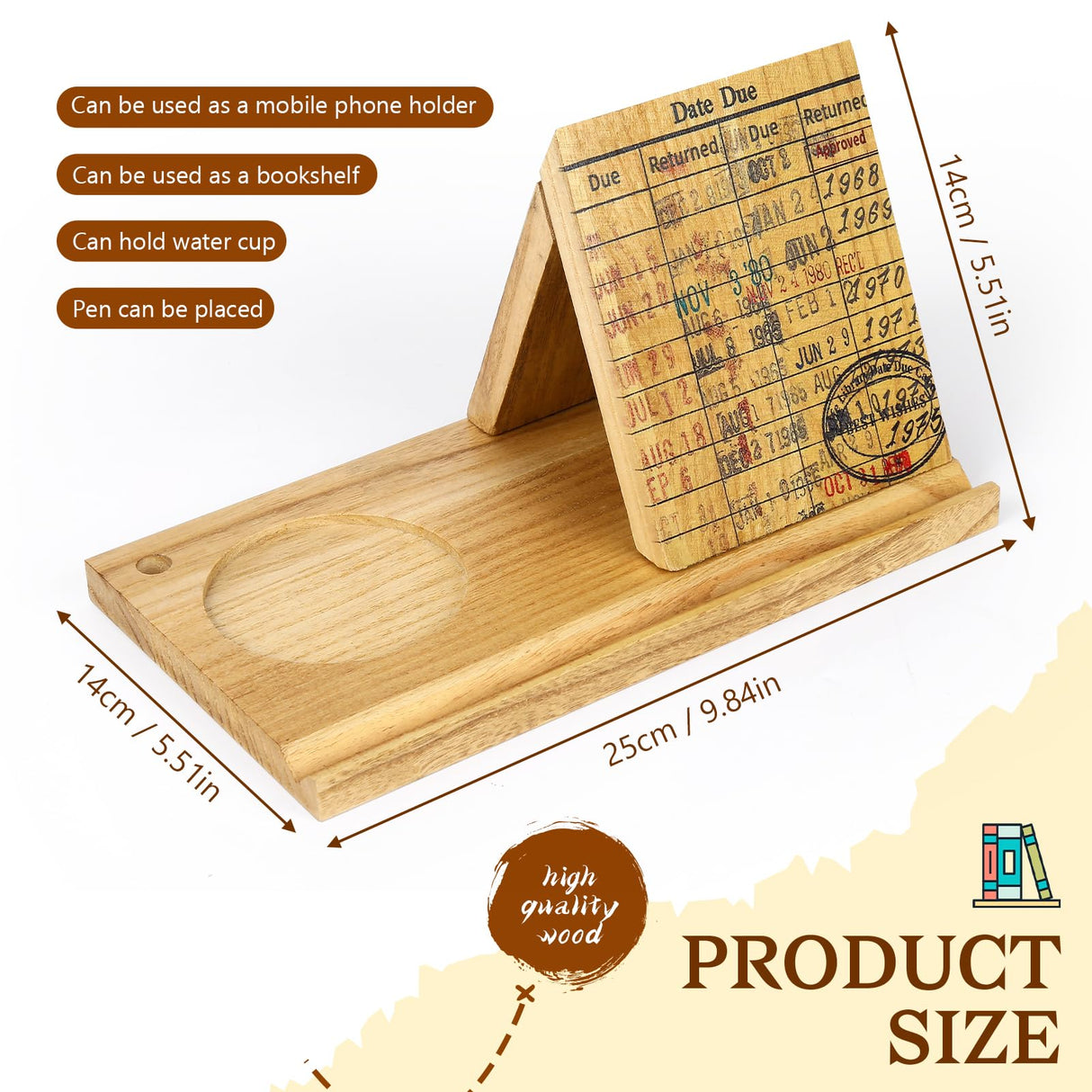 Wooden Triangle Book Stand with Drink Holder, Library Card Design Book Holder Page Rest, Night Stand Book Holder with Pen Slot, Gift for Book Lovers, Readers, Librarians, Writers Tanfeine