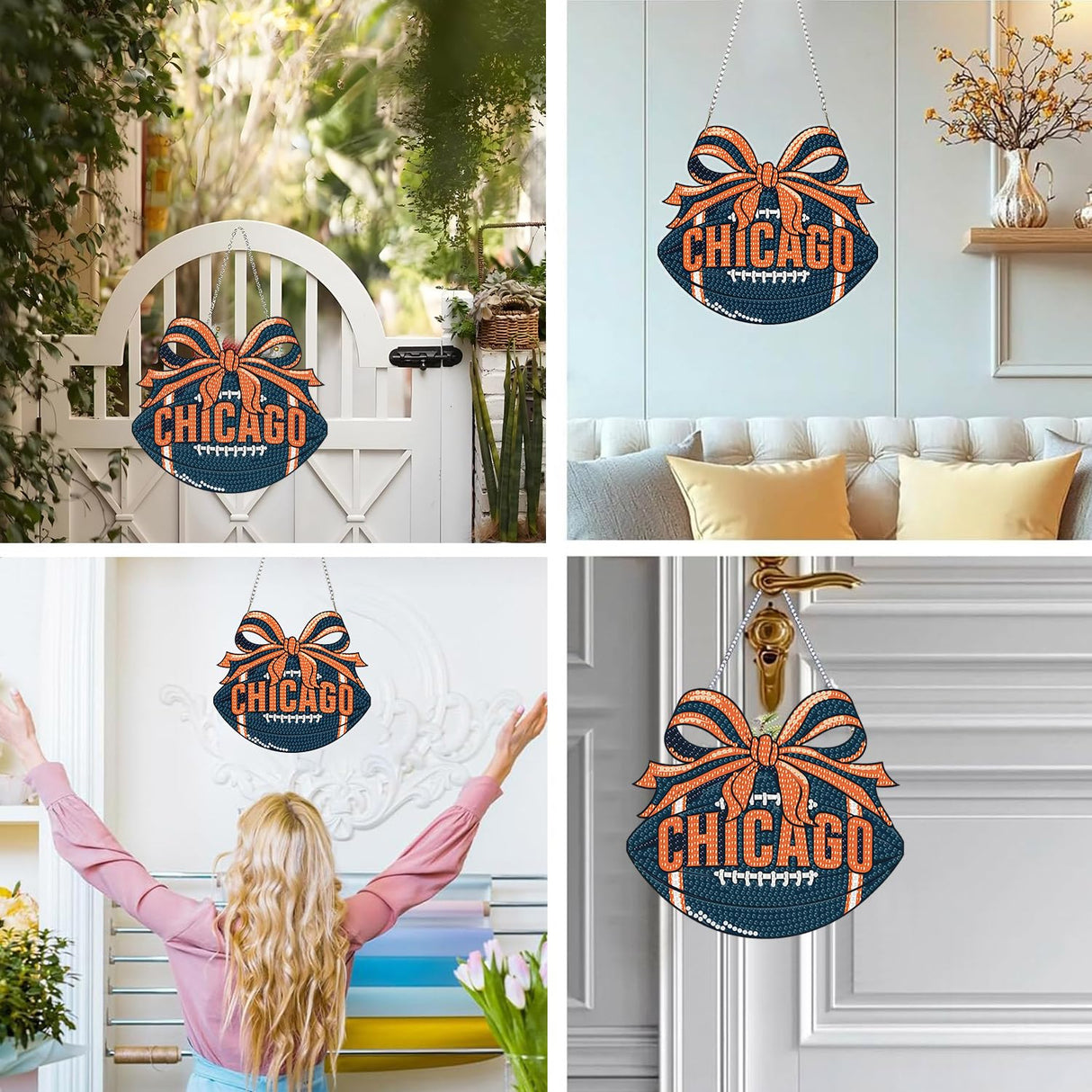 Rertcioph Football Diamond Art Hanging Kit for Adults, DIY Acrylic 5D Diamond Painting Hanging Ornament for Chicago Home Wall Decor and Gift Rertcioph