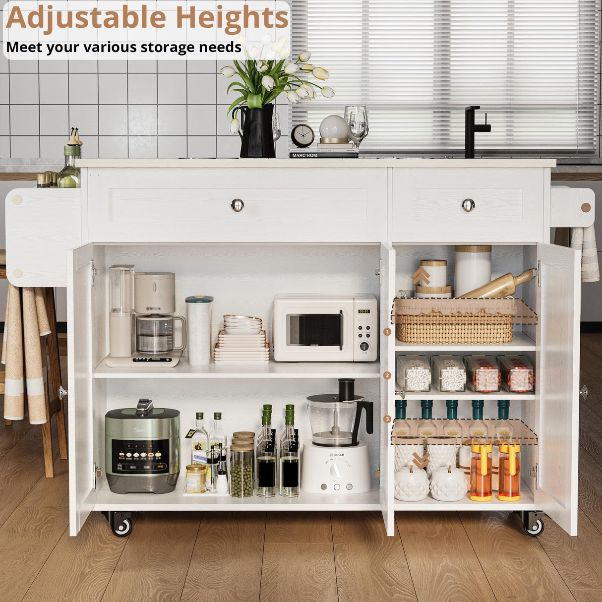 IRONCK Rolling Kitchen Island Table on Wheels with Drop Leaf, 56" Kitchen Island with Drawers and Adjustable Shelves Cabinet, Large Mobile Kitchen Island Cart for Kitchen IRONCK