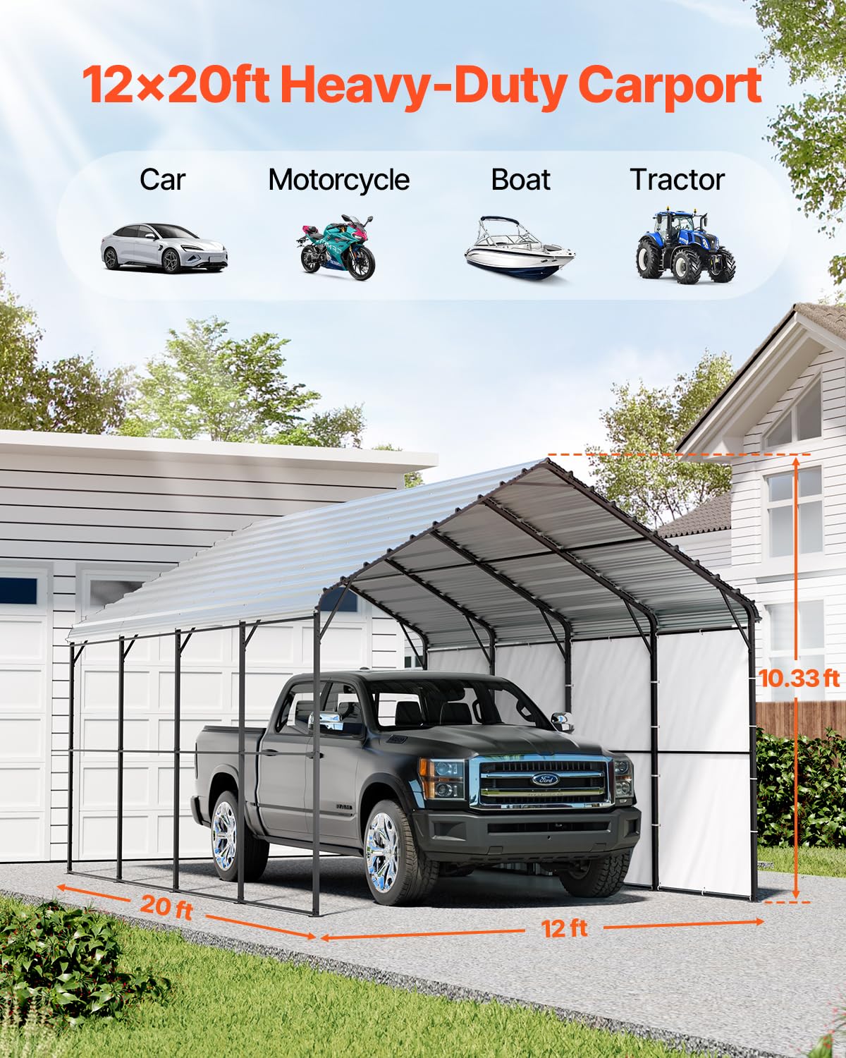 VEVOR Heavy Duty Metal Carport, 12' x 20' Outdoor Carport with Galvanized Steel Frame & Roof, Car Tent Garage Shade with Removable Sidewalls, Multi-Use Car Shelter for Pickup, Boat, Car & Tractors VEVOR
