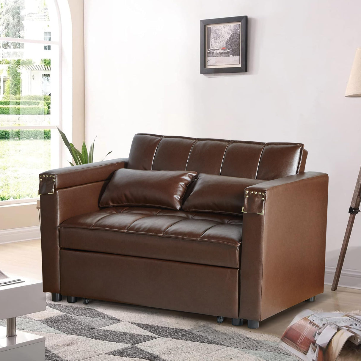 ORRD Convertible Sofa Bed, 3-in-1 Multi-Functional Faux Leather Sleeper Couch Pull-Out Bed, 48'' Loveseat Bed Chaise Lounge with Adjustable Backrest and Hidden Side Table for Living Room, Small Space ORRD