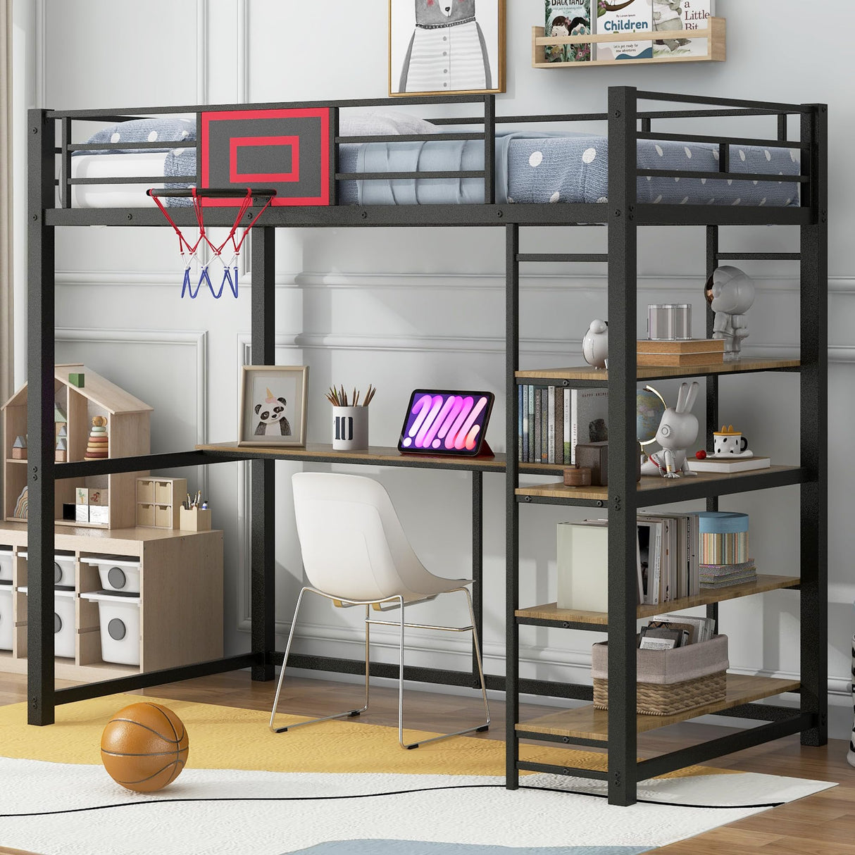 Twin Size Loft Bed with Desk and Storage Shelves,Metal Loft Bed with Basketball Hoop,Heavy Duty Loft Bed Frame for Kids,Teens,Adults,High Loft Bed Frame Twin Size, Space Saving, Black Bellemave