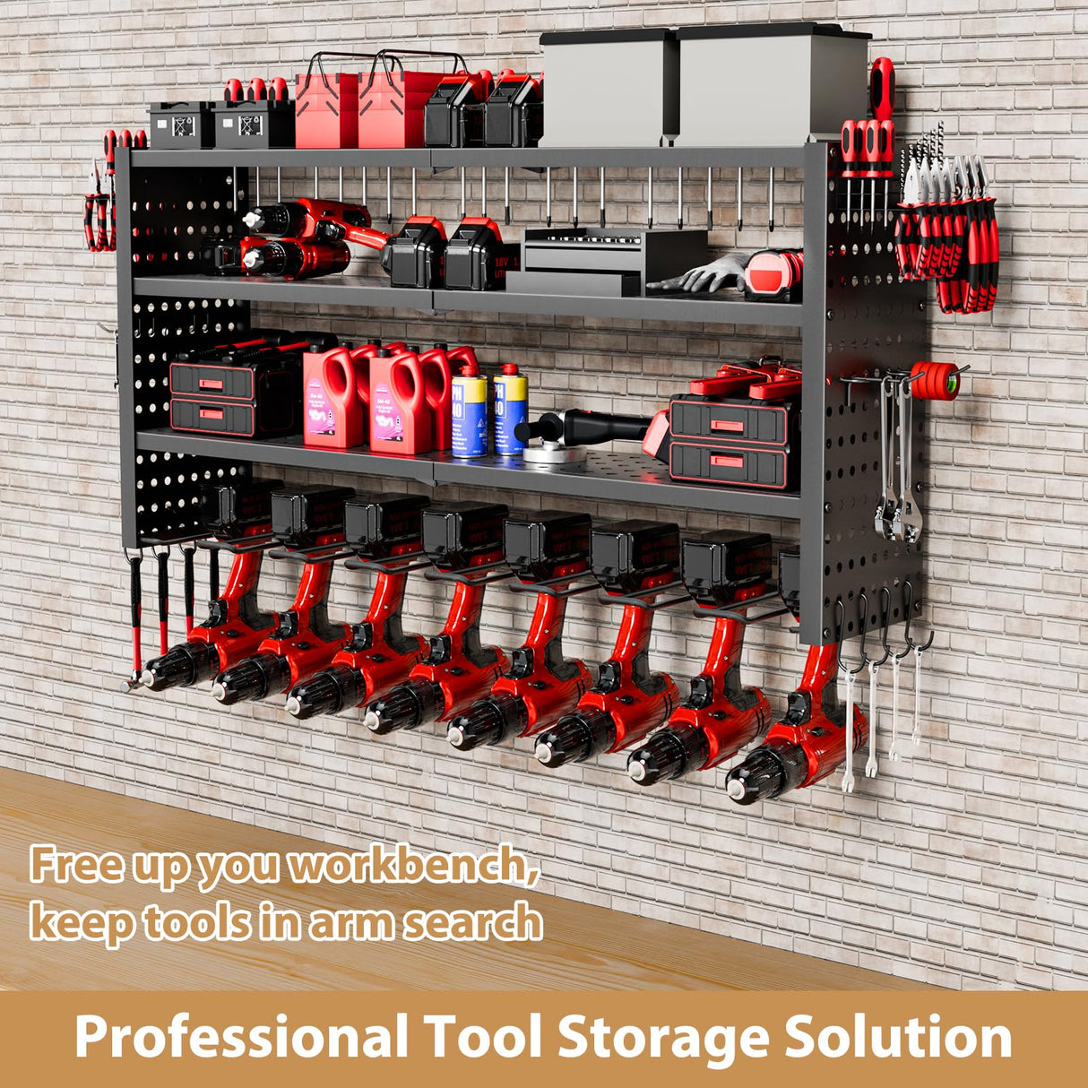 Power Tool Organizer Wall Mount, 4 Layer Heavy Duty Garage organizer Loads 280lbs, Tool Organizers with 8 Drill Hanger, Battery Tools Holder Garage Storage Organization for Workbench, Pegboard, Shed 1R2P3I