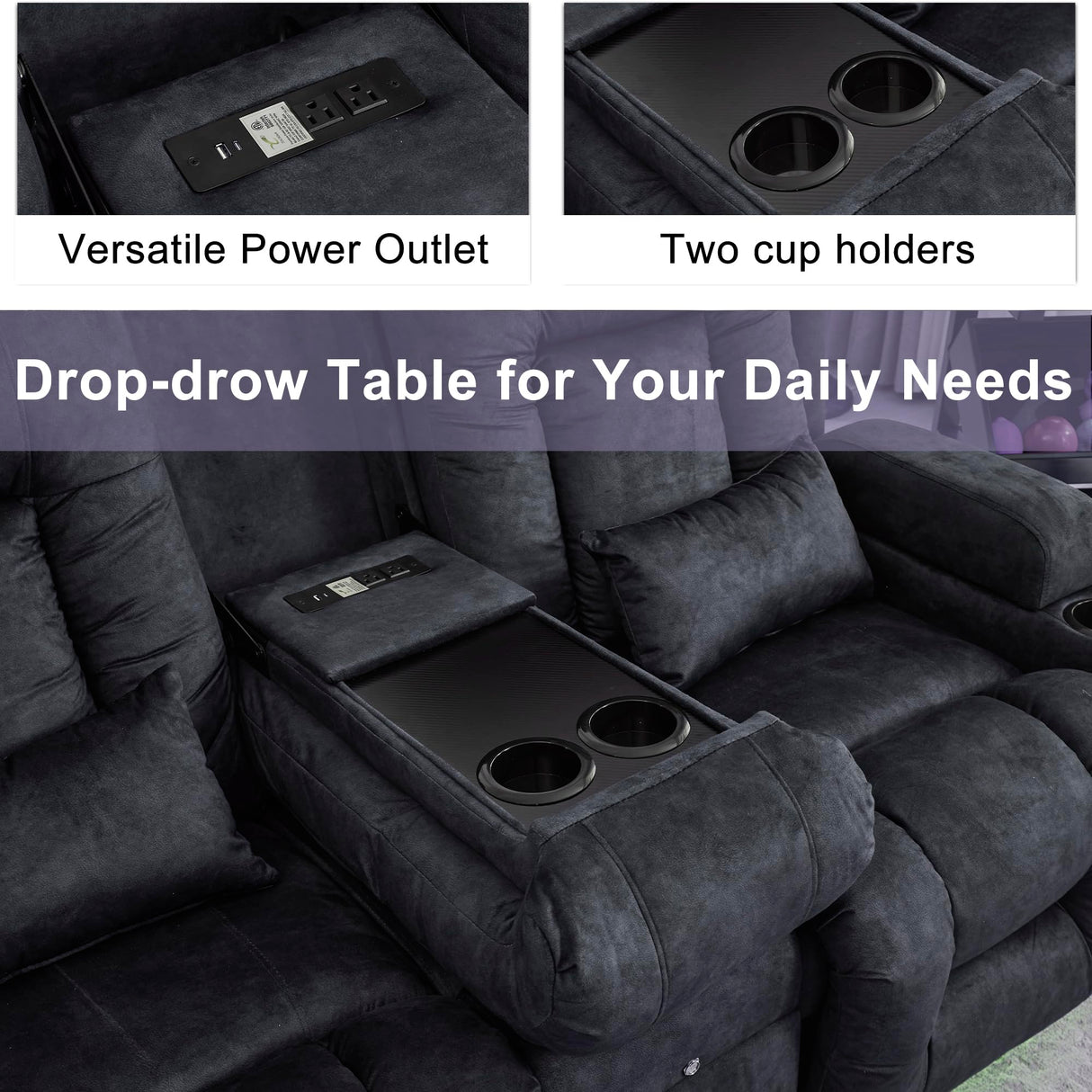 URRED Loveseat Recliner Sofa with Massage and Heat, Power Reclining Loveseat Sofa RV Couch with Console, Home Theater Seating with LED Lights, Bluetooth Speakers, USB, Outlets, Velvet, Dark Grey URRED