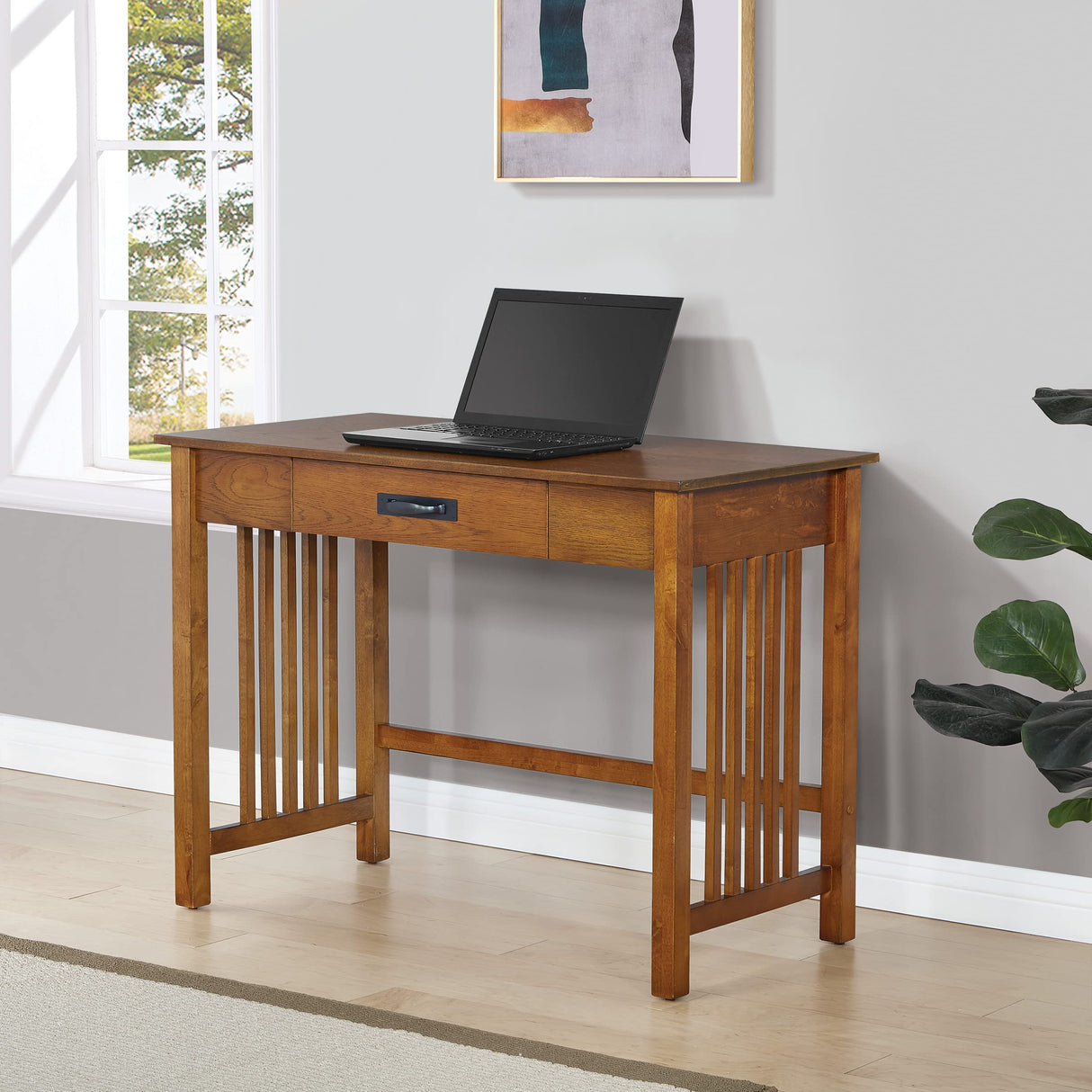 OSP Home Furnishings Sierra Writing Desk with Pull-Out Drawer and Mission Style Side Panels, Ash Brown Office Star Products