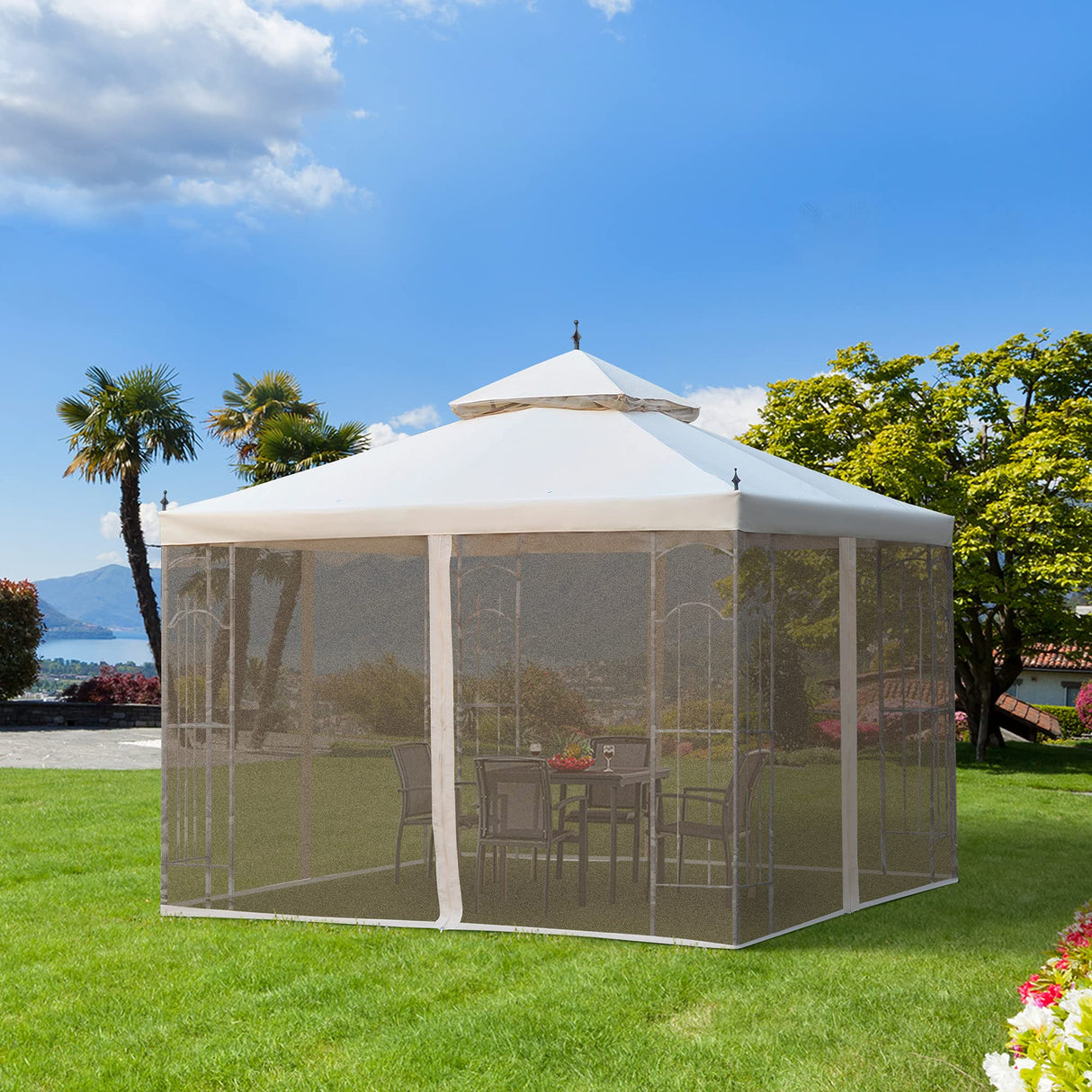 Outsunny 10' x 10' Patio Gazebo with Corner Frame Shelves, Double Roof Outdoor Gazebo Canopy Shelter with Netting for Patio, Wedding, Catering & Events, Cream White Outsunny