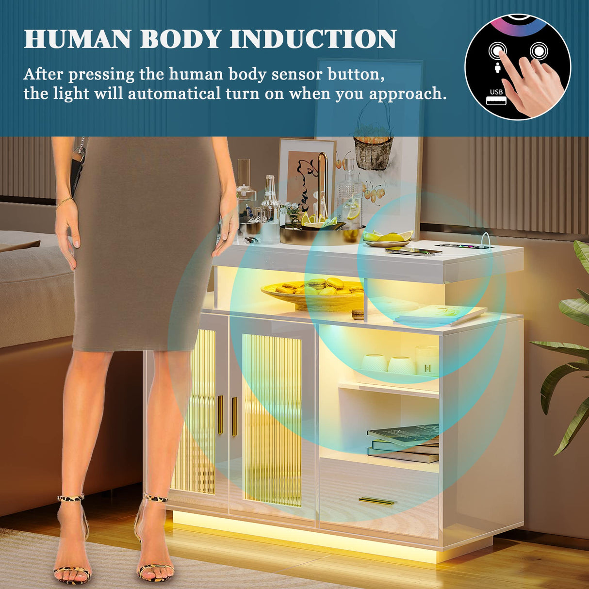 WOOVIVS 39.4" Modern LED Sideboard Buffet Cabinet with Charging Station, High Glossy Cupboard with Motion Sensor Light, Coffee Bar Storage Cabinet with Acrylic Panel for Living Room, Kitchen (White) WOOVIVS