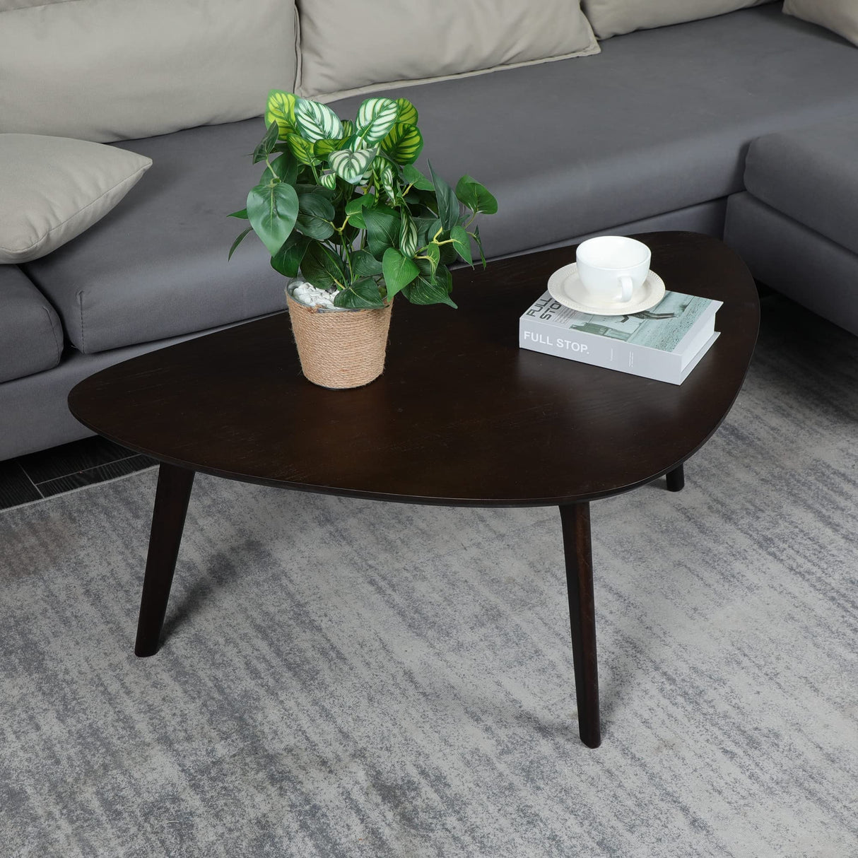 Oval Coffee Table Mid Century Modern Small Wood Coffee Tables Chic Triangle Design for Home Office Farmhouse Furniture Easy Assembly,Black Walnut 38.5" PHOENANCEE