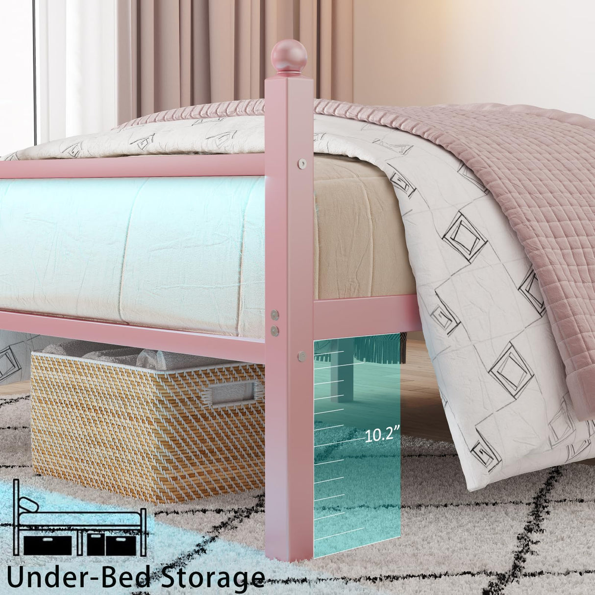 CollaredEagle Queen Bed Frame with Headboard and Footboard,Heavy Duty Steel Slats Support Metal Bed Frame with Charging Station,Pink CollaredEagle