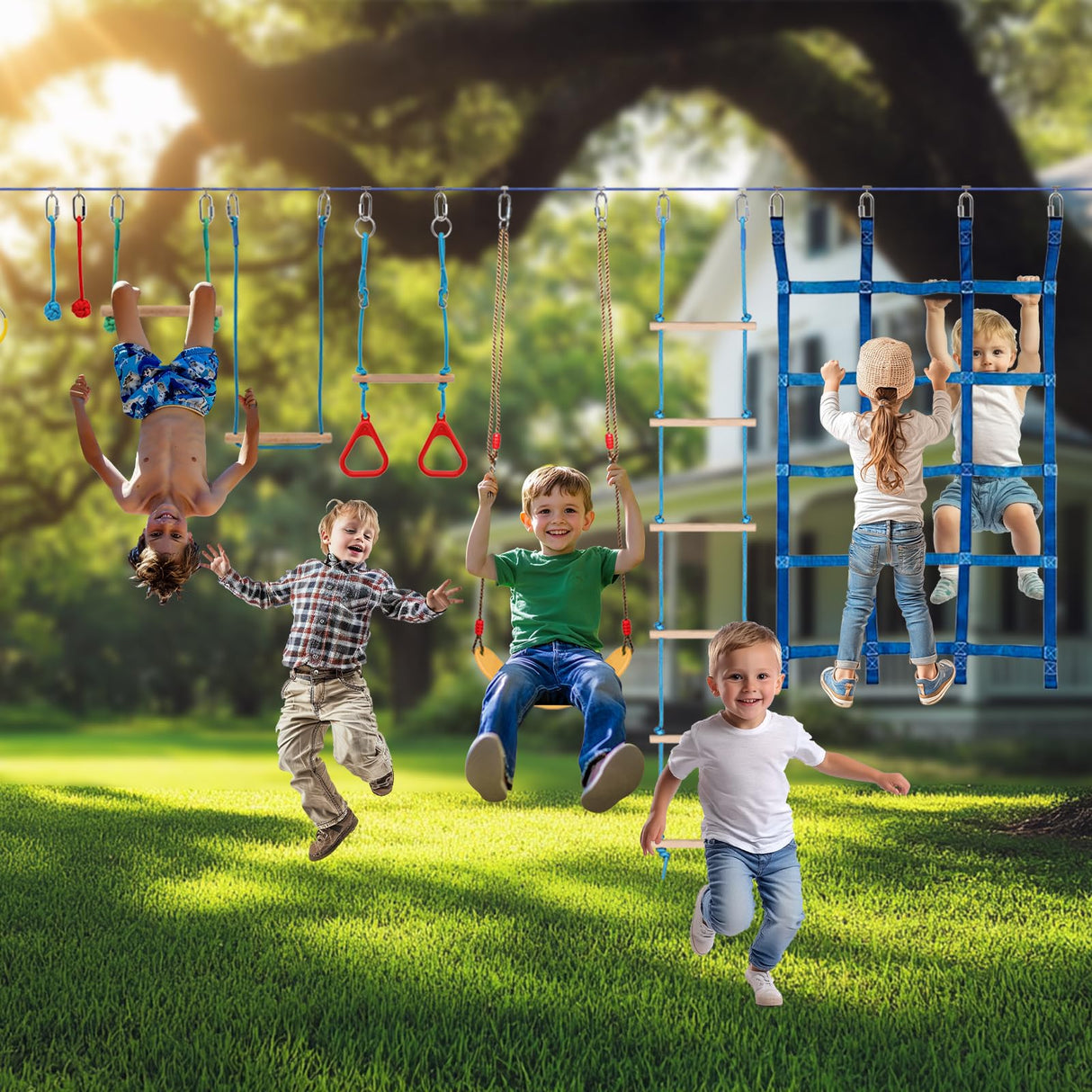 Dollate Ninja Warrior Obstacle Course for Kids - 65FT, Outdoor Obstacle Course 14 Accessories, Swings, Monkey Bars, Arm Trainers - Suitable for Boys and Girls 3+ - 440 lbs Capacity Dollate