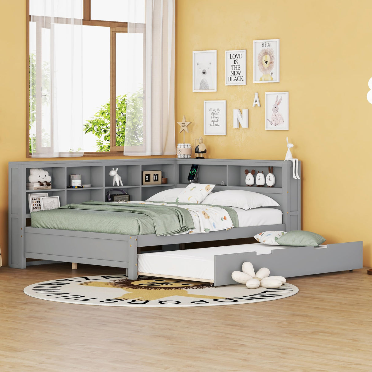 Merax Full Size Day Bed with Twin Trundle, Wooden DayBed with Storage Shelf and USB Charging Ports, Full Corner Bed Frame,Grey Merax