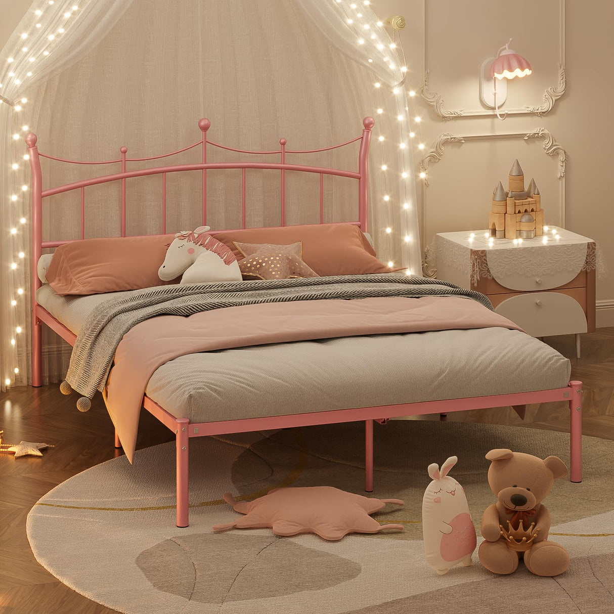 Weehom Full Size Bed Frame with Headboard, Metal Platform Bed for Kids Adults Easy Assembly Under Bed Storage Space Heavy Duty Steel Slat Support No Box Spring Needed, Pink Weehom