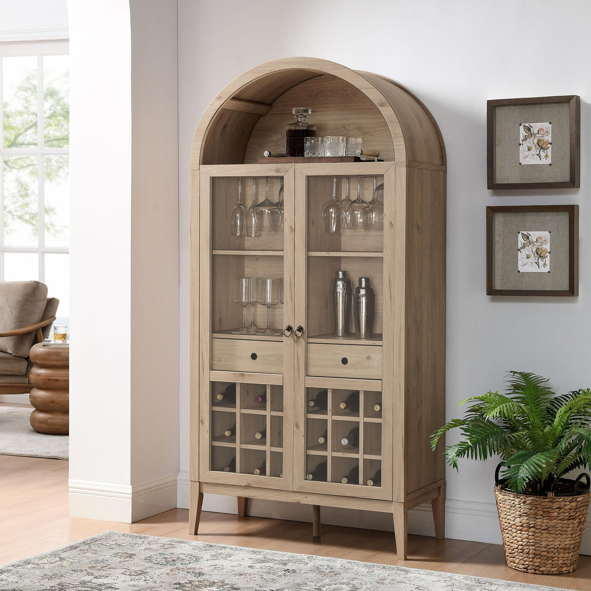 Modway Nolan Modern Farmhouse Arched Bar Cabinet in Light Oak Wood Grain - 72 Inch Tall Wine Storage Cabinet with Glass Doors and Wine Rack - Large Liquor Cabinet for Dining or Living Room Modway