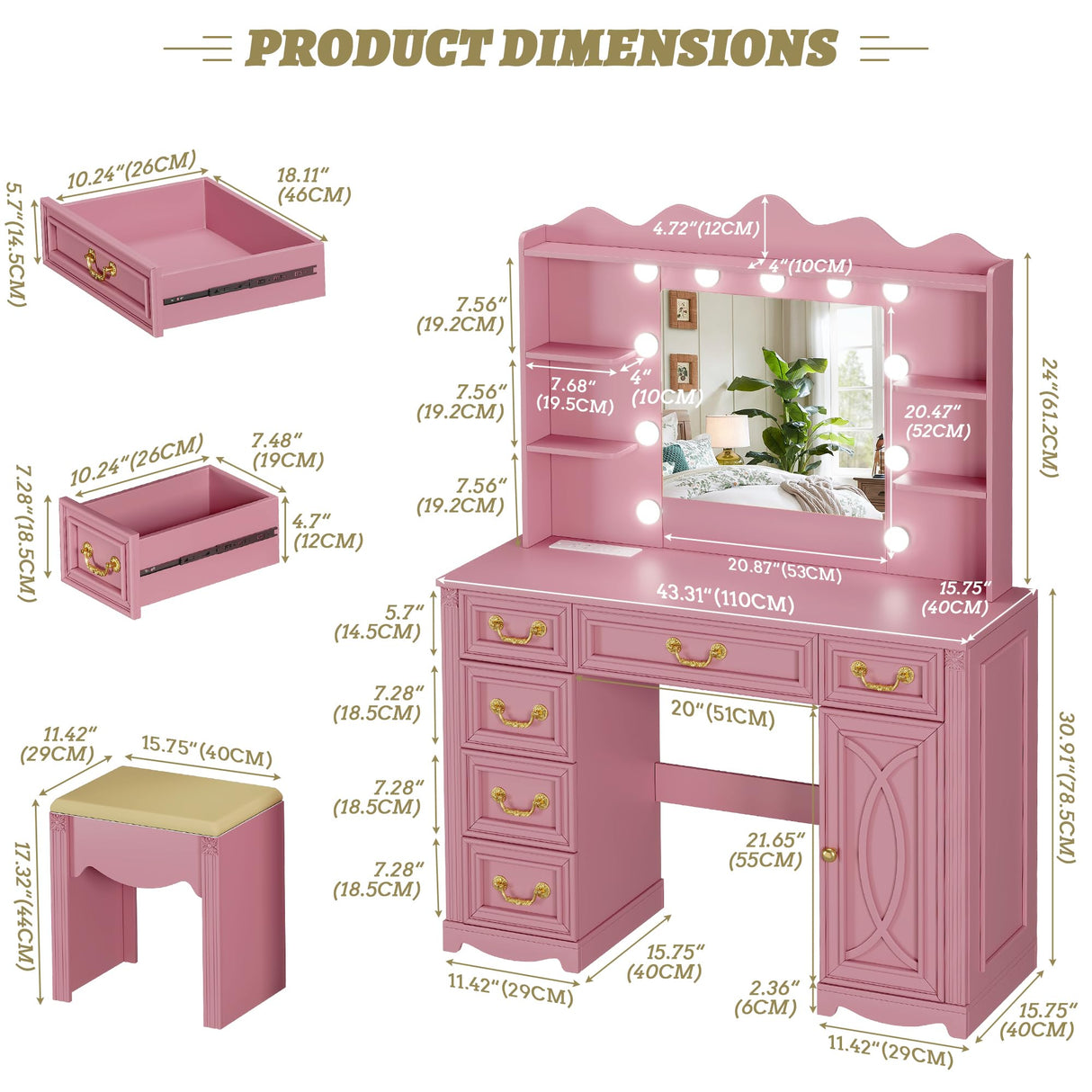 Vlsrka Vanity Desk with Large Mirror and Lights, 43.3" Makeup Vanity Desk with Charging Station and 6 Drawers, Makeup Dressing Table with Storage Stool for Bedroom (Pink) Vlsrka