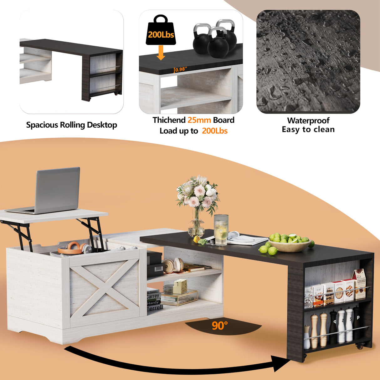 Wildhome 48" Farmhouse Lift Top Coffee Table with Charging Station,Foldable L-Shaped Cocktail Table with Hidden Storage Compartment,Lifting Tabletop and Storage Rack for Living Room,Office,White Wildhome