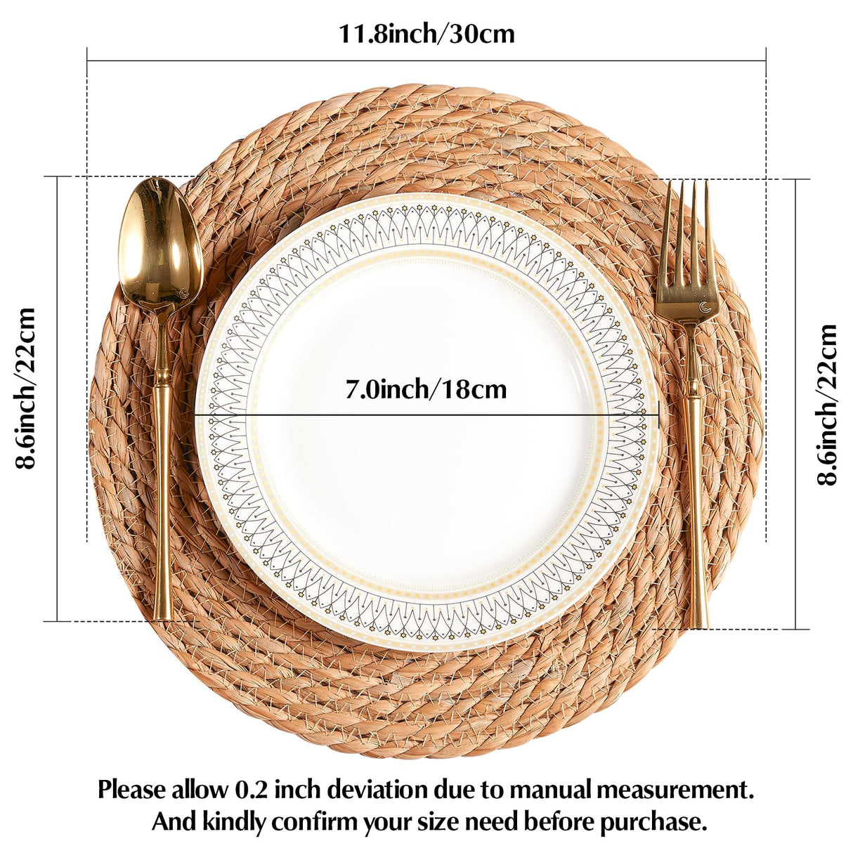 Round Woven Placemats 12 inch Set of 10 - Boho Rattan Placemats Natural Water Hyacinth Placemat, Farmhouse Weave Place Mats, Rustic Braided Wicker Table Mats for Dining Table,Home,Wedding Dimpola