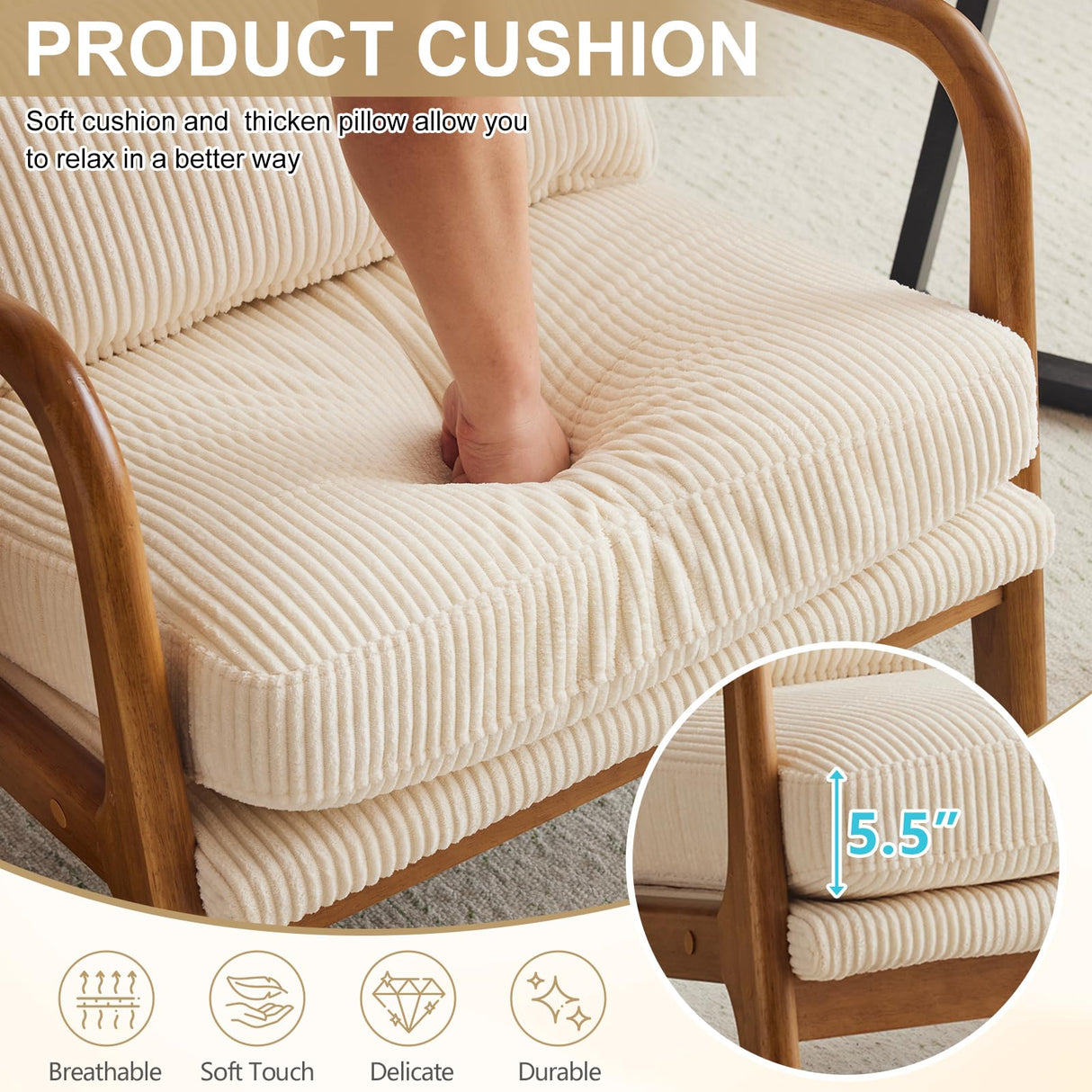 Karl home Mid-Century Modern Accent Chair, Living Room Chairs with Pillow High Back Corduroy Upholstered Lounge Armchair with Solid Wood Frame & Soft Cushion for Bedroom, Reading Room, Beige Karl home