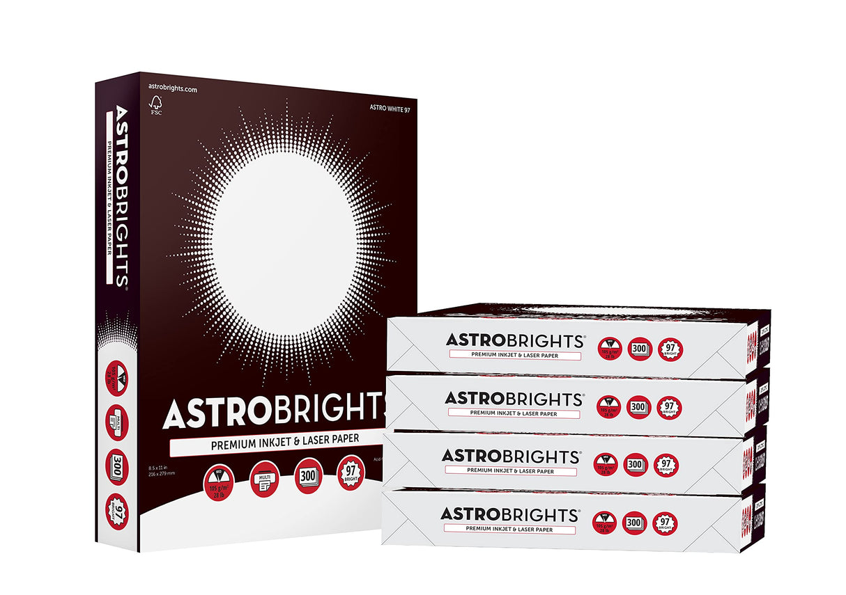 Astrobrights® Printer & Copy Paper, 8.5" x 11", 28lb/105gsm, 97 Brightness, White, 5 reams of 300 sheets per ream, 1,500 sheets per carton (91738-01) Astrobrights