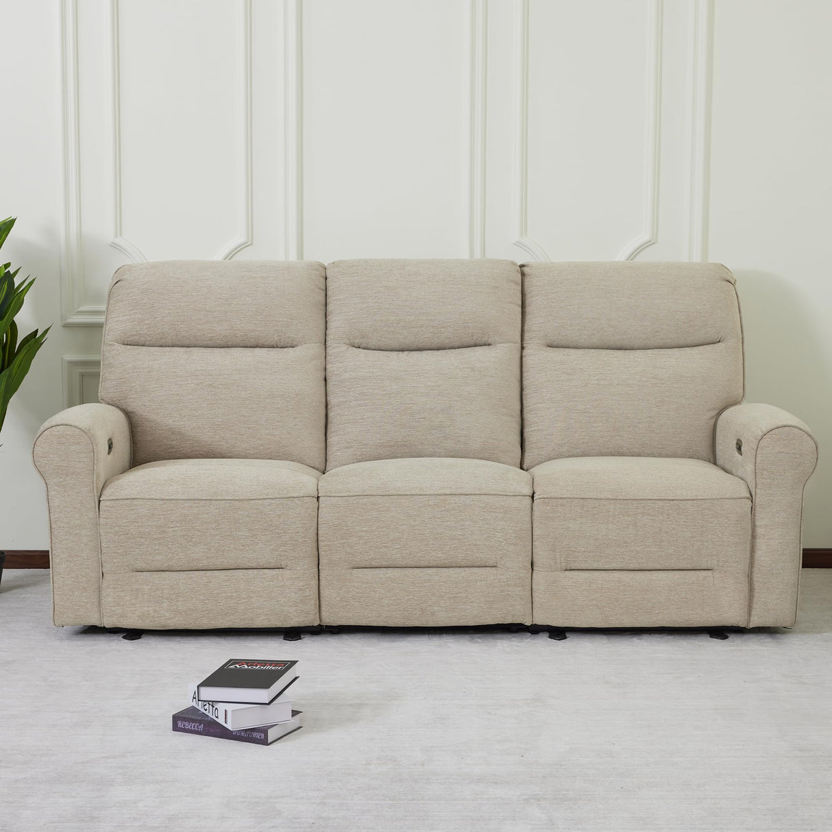 MCombo 87.8" Wall Hugger Power Reclining Sofa with Drop Down Table, 3-Seater Recliner Couch for Small Spaces Living Room RV, USB Ports, Fabric PR635M3 (Beige) MCombo