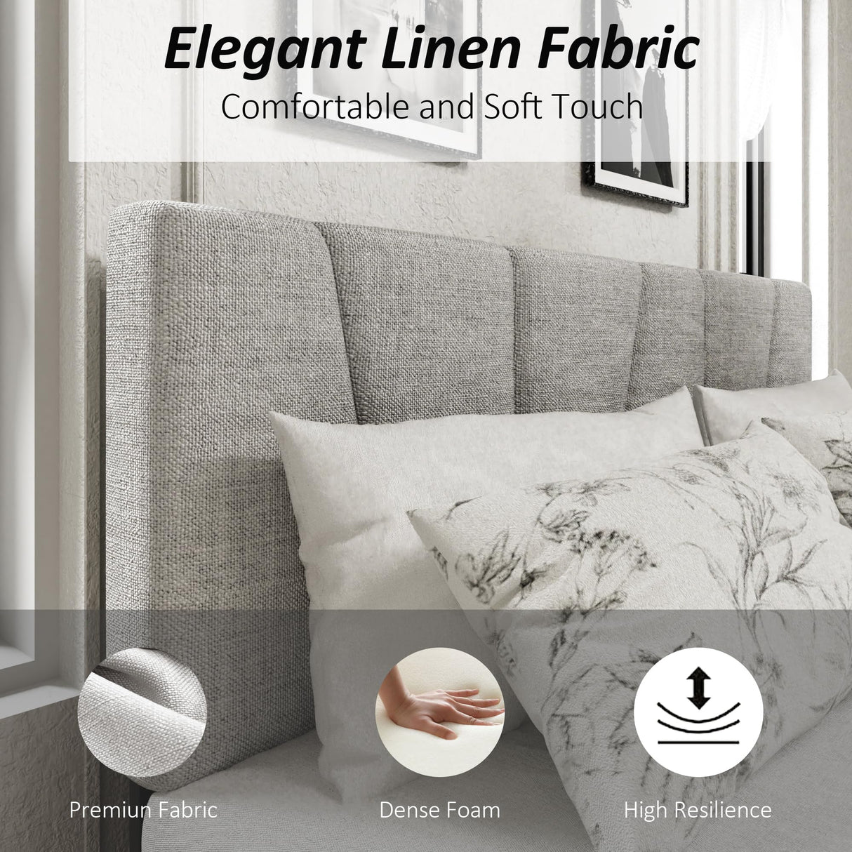 Queen Size Platform Bed Frame with Upholstered Headboard, Wooden Slats Support, Noise Free, No Box Spring Needed, Easy Assembly, Light Grey, Linen Sismplly