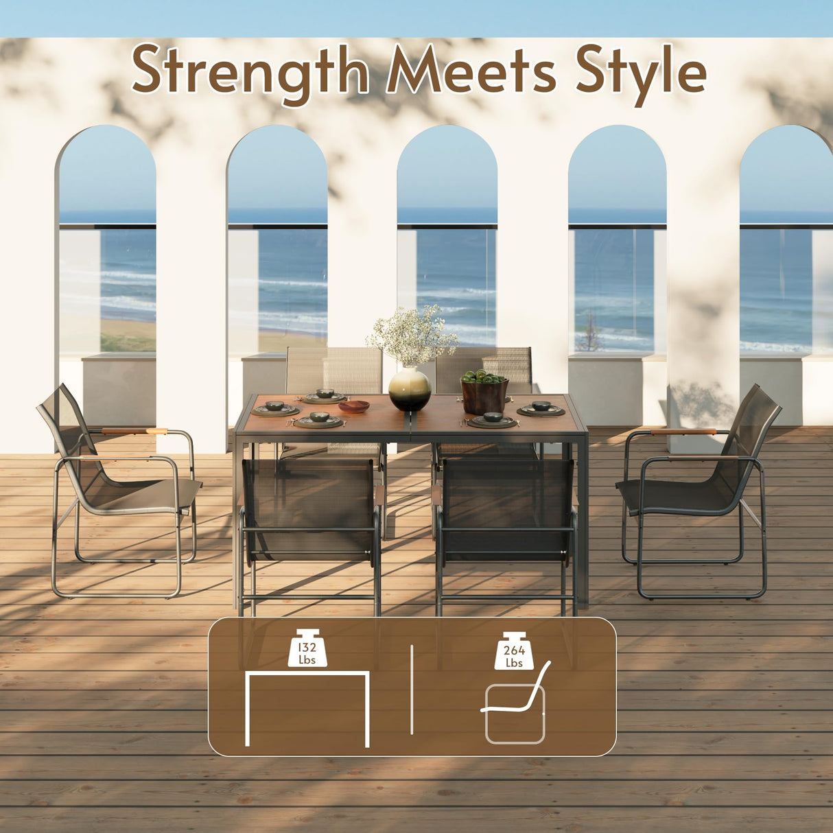 Rotihom 7 Pieces Patio Dining Set,Outdoor Patio Table and Chairs Set For 6 with 6 Texlin Seats & 59" Wood-Like Pspc Table, Strengthened Metal Frame Outdoor Patio Dining Sets For Backyard/Deck/Poolside Rotihom