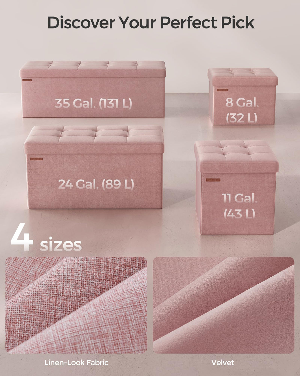 SONGMICS Storage Ottoman Bench, Foldable Ottoman Foot Rest, 15 x 43 x 15 Inches, End of Bed Bench, Storage Chest, Load up to 660 lb, for Living Room, Bedroom, Entryway, Jelly Pink ULSF277R01 SONGMICS