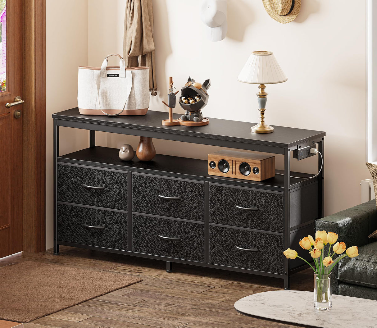 Huuger LED TV Stand for Bedroom, 47 Inch Dresser with Power Outlets, Entertainment Center for 55, 50, 43 Inch TV, 6 Drawer Dresser for Bedroom, Chest of Drawers with Open Shlef, PU Leather, Black Huuger