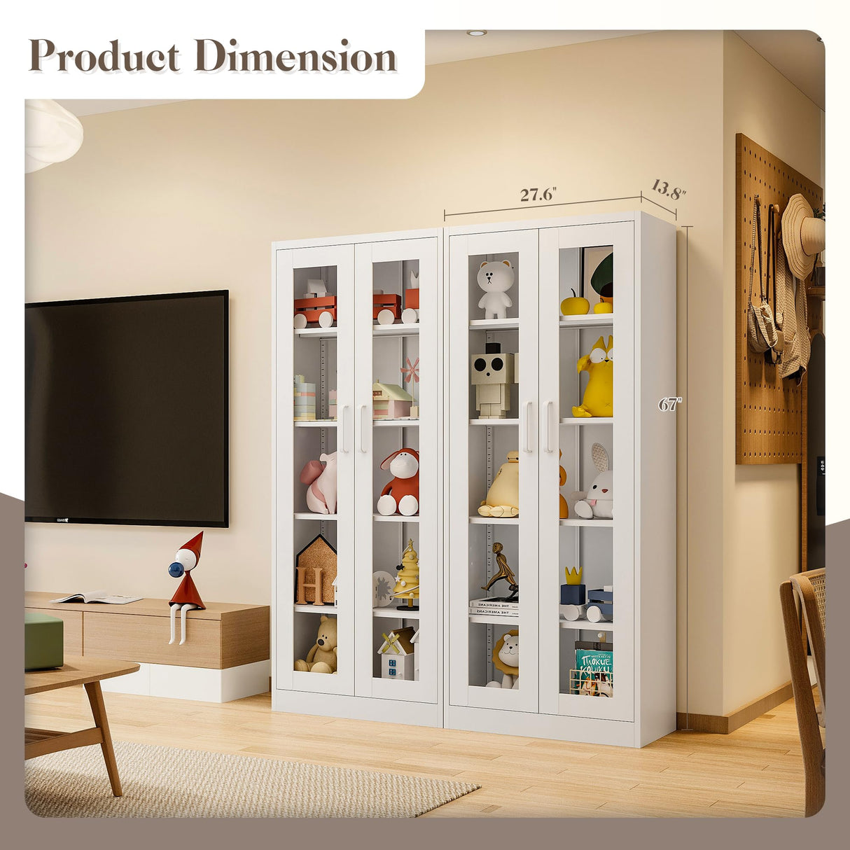 Yizosh Display Cabinet with Glass Doors, 5-Tier Curio Cabinet with 4 Adjustable Shelves, 67" Display Case for Home, Living Room, Assemble Required (White) Yizosh