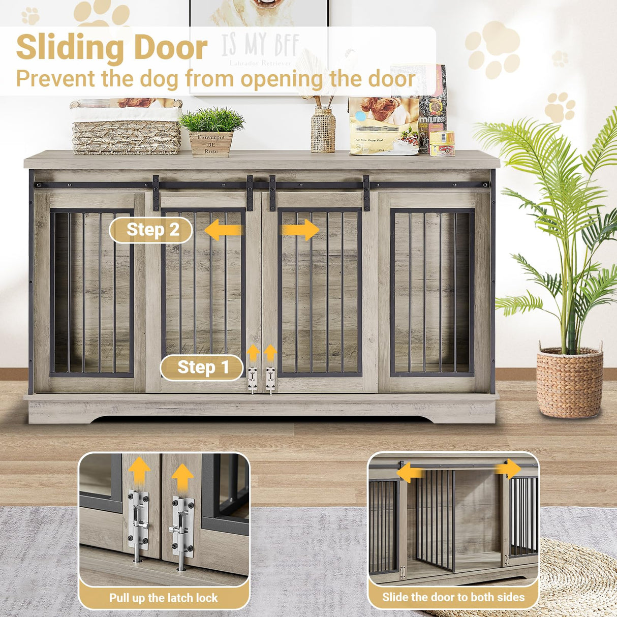 Rovibek 61 Double Dog Crate Furniture for 2 Dogs, Large Double Dog Kennel Furniture TV Stand, Furniture Style Dog Crates End Table, Wood Crates for Dogs Kennel Indoor Grey Rovibek