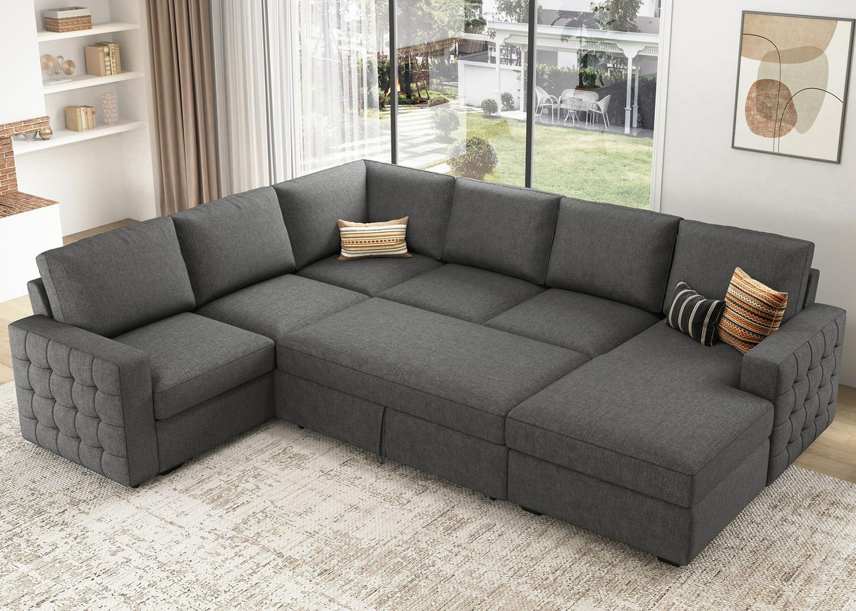 HONBAY Sectional Sleeper Sofa with Pull Out Bed U-Shape Sectional Couch Sleeper Bed with Storage Chaise 6 Seater Sleeper Sectional Sofa Bed, Light Grey HONBAY
