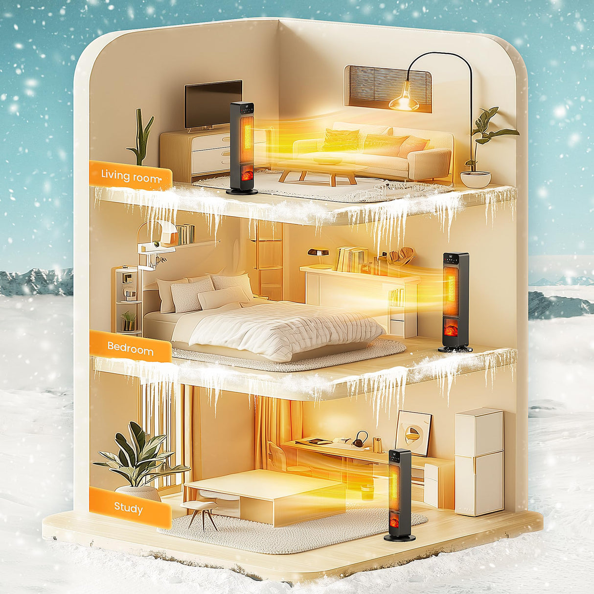 Space Heater, 1500W Electric Fireplace Heaters Indoor Portable with Child Lock & ECO Mode, PTC Ceramic, 3D Flame, 12H Timer, Remote Control, 70° Oscillation, Heating & Fan Modes for Home & Office Riseon