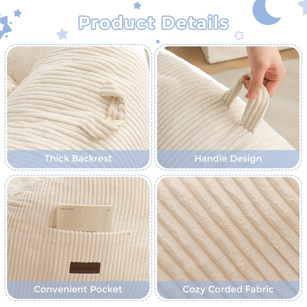 MAXYOYO Kids Bean Bag Chair, Bean Bag Couch with Handle, Comfy Toddler Chair for Boys and Girls, Accent Sofa Chair with Pocket for Gaming Reading Relaxing, Beige MAXYOYO