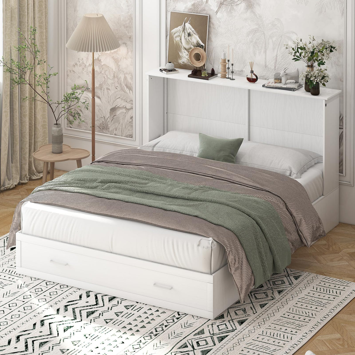 BALUS Murphy Cabinet Bed, Queen Murphy Bed with Charging Station, Tri-fold Memory Mattress, Storage Drawers, Space-Saving Wooden Folding Cube Chest Wall Beds for Living Room and Apartments White BALUS