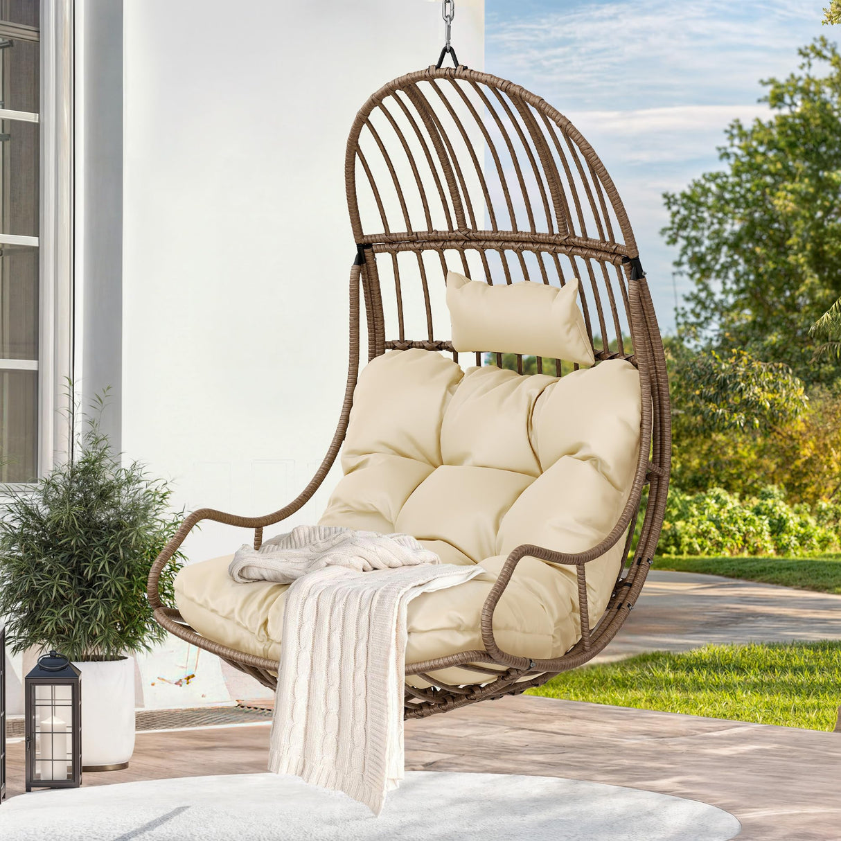 YITAHOME Hanging Egg Swing Chair Egg Chair Wicker Indoor Outdoor Hammock Egg Chair with Cushions 330lbs for Patio, Bedroom, Garden and Balcony, Beige (Stand not Included) YITAHOME