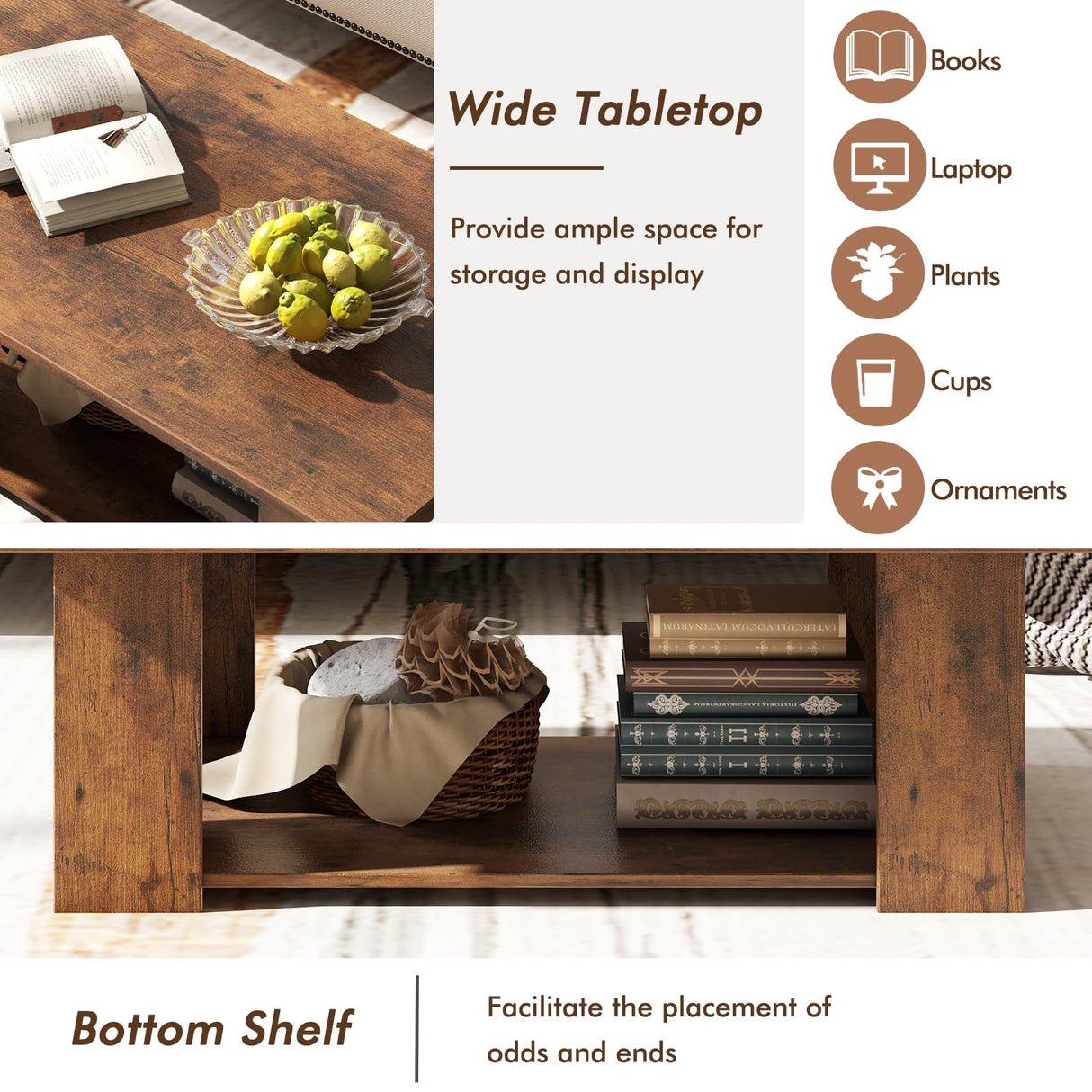 Tangkula 2-Tier Coffee Table, Modern Rectangular Center Cocktail Table with 5 Support Legs, Wooden Accent Living Room Furniture, Small Coffee Table for Small Spaces, Easy Assembly (Rustic Brown) Tangkula