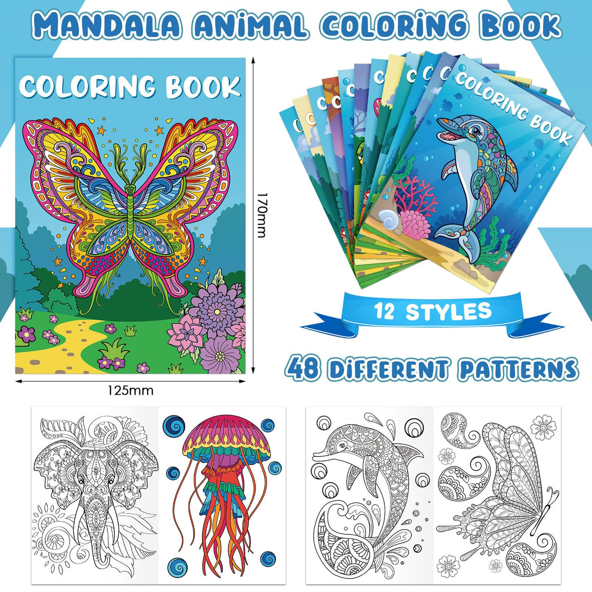 Pasimy 24 Pcs Animals Coloring Books DIY Mandala Ocean Jungle Animal Coloring Book Mini Holiday Activity Supplies for Kids Adult Party Favors Gift Bags Filler Classroom Activity Pasimy