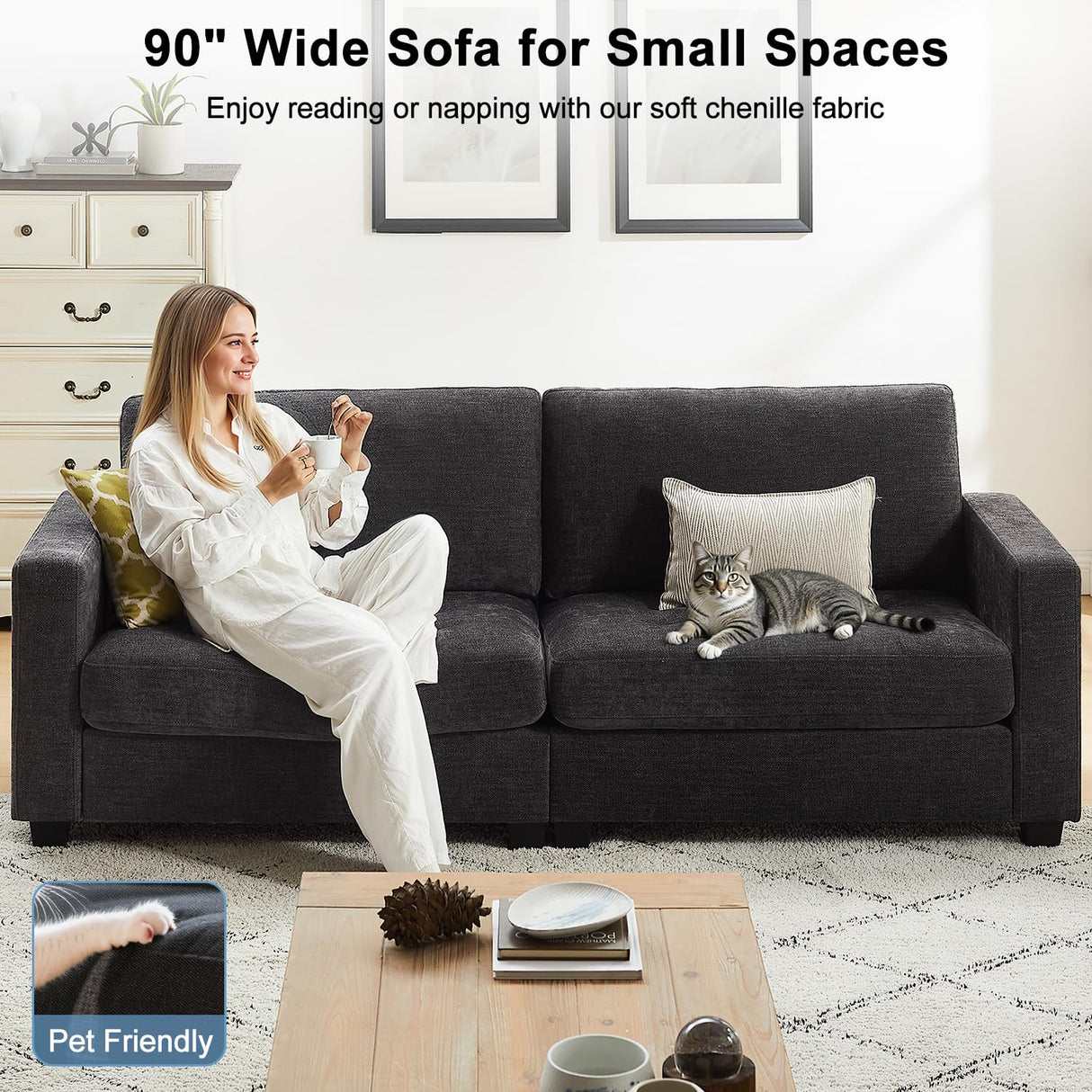 90" Modern Sofa Couches for Living Room, 3 Seater Sofa Tool-Free Setup, Comfy Chenille Couches with Extra Large Seat Width & Depth, Removable Cover, Oversized Loveseat for Small Space, Apartment LegacyAmerhome