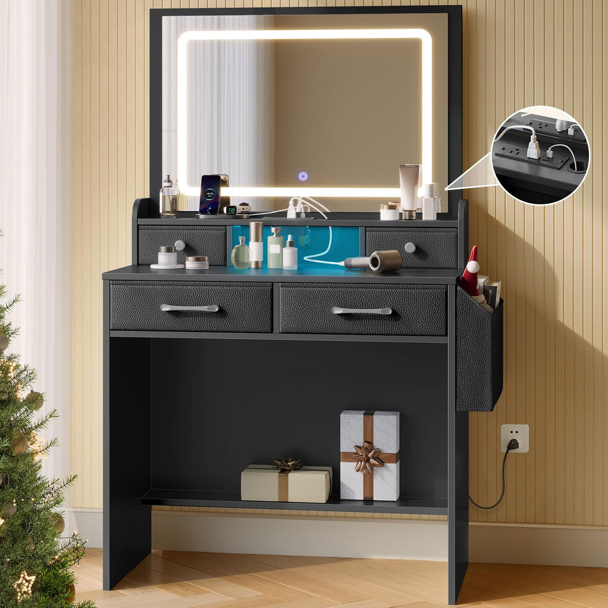 Rolanstar Vanity Desk with LED Lighted Mirror, Makeup Vanity with 4 Fabric Drawers, Power Outlet, Modern Vanity Desk for Bedroom & Dressing Room, Black Rolanstar