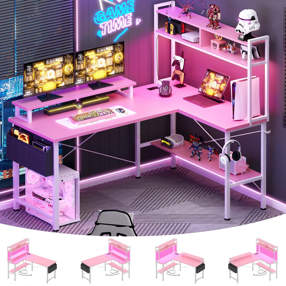 Aheaplus L Shaped Gaming Desk with Power Outlets & LED Lights, Small L- Shaped Desk Computer Corner Desk with Monitor Stand & Storage Shelf, Home Office Desk Writing Desk with Storage Bag, Pink Aheaplus