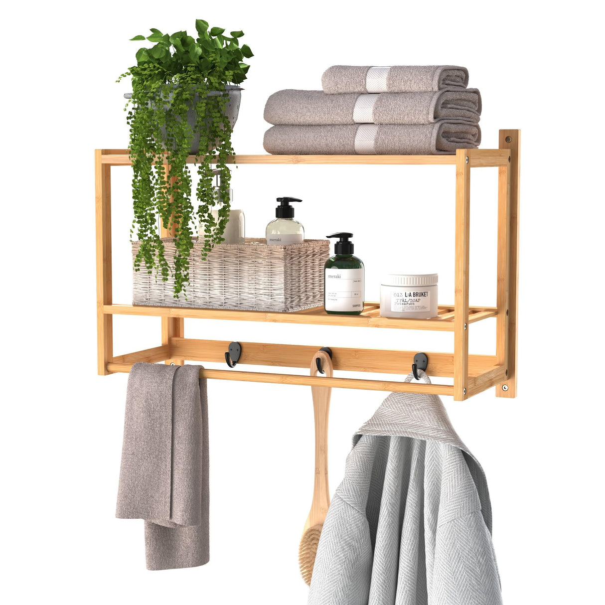 ClosetMaid Bamboo Wall Shelf with Towel Bar, 3 Hooks, Wall Mount Storage Shelves, 2 Tier, Organizer Rack, Natural Finish ClosetMaid