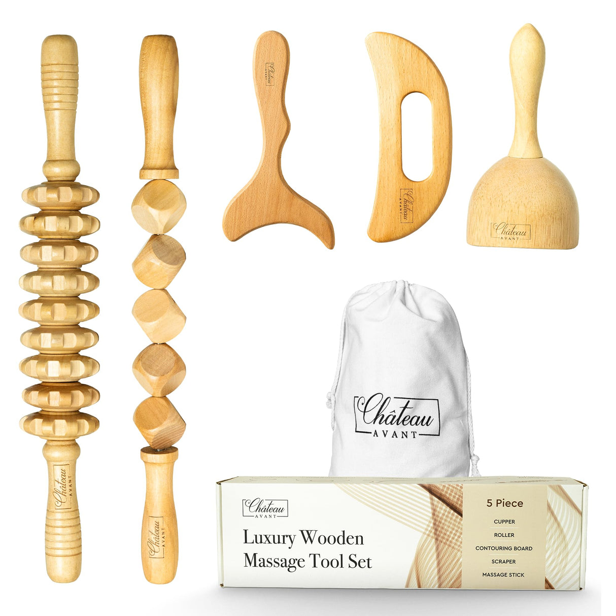 Château Avant Luxury Wooden Massage Tool Set, 5-Piece Lymphatic Drainage & Sculpting Kit – Cupper, Roller, Contouring Board, Scraper & Rope Roller Chateau Avant